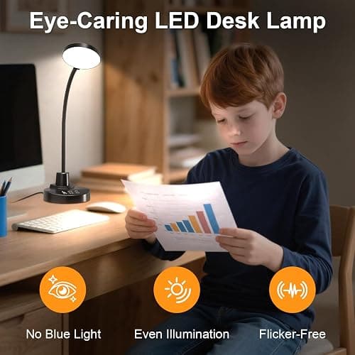 15W LED Desk Lamp with USB Charging Ports – Dimmable Table Lamp with 3 Color Temps, 5 Brightness, 4 Timers, Flexible Gooseneck Light with Base, Eye-Caring Reading Light for Home Office, Bedroom, Study thumbnail 3