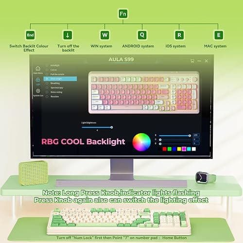 AULA S99 Gaming Keyboard, Wireless Computer Keyboards, Tri-Mode Bluetooth/2.4GHz/USB-C Custom Creamy Keyboard with Number Pad, RGB Backlit Media Knob Cute Programmable Keyboard for PC Gamer - Green thumbnail 4