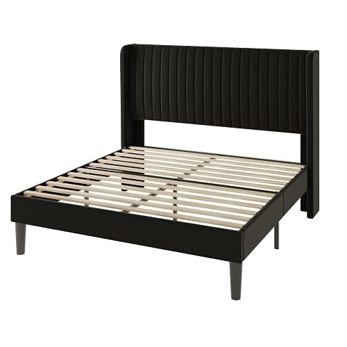 Allewie Full Size Velvet Bed Frame/Vertical Channel Tufted Wingback Headboard/Upholstered Platform Bed/Strong Wooden Slats/No Box Spring Needed/Easy Assembly/Black thumbnail 8