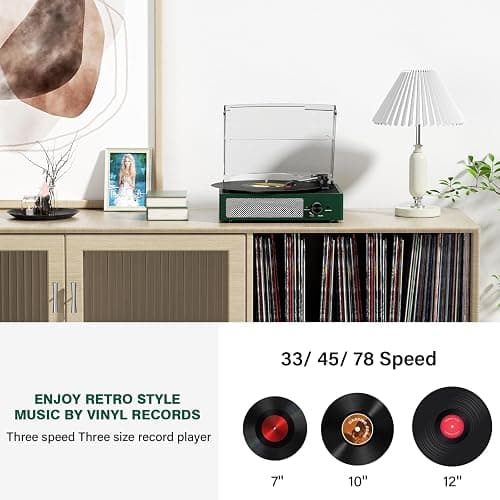 Record Player Bluetooth Turntable with Built-in Speakers & 3 Speed 3 Size Portable Retro Vinyl Record Player for Entertainment and Home Decoration Emerald Green thumbnail 4
