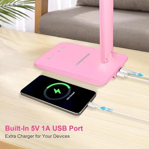 White crown LED Desk Lamp Dimmable Table Lamp Reading Lamp with USB Charging Port, 5 Lighting Modes, Sensitive Control, 30/60 Minutes Timer (Pink, First-Generation) thumbnail 3