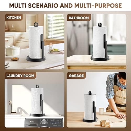 theaoo Heavy-Duty Stainless Steel Paper Towel Holder with Tension Arm – Easy One-Handed Tear, Modern Standing Countertop Dispenser for Kitchen, Holds All Paper Towel Rolls (1, Black) thumbnail 9