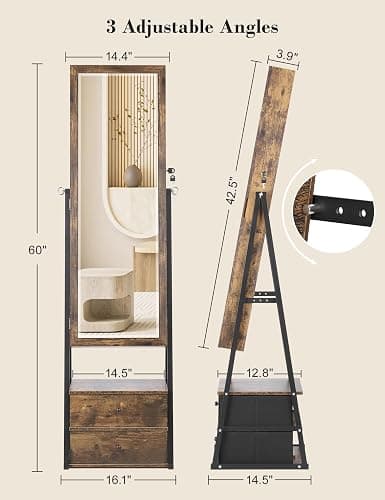 Nicetree Jewelry Cabinet Armoire with 2 Drawers, Lockable Standing Jewelry Mirror Cabinet, Full Length Mirror with Jewelry Storage, Rustic Brown thumbnail 3