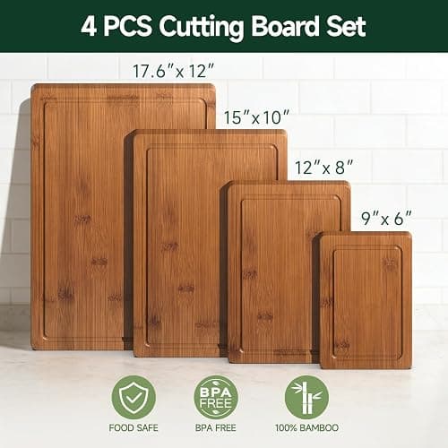 Zeawec 4-Piece Set Bamboo Cutting Board for Kitchen - Crack-Resistant Wood Chopping Boards with Deep Juice Grooves, Pre-Oiled Butcher Block for Meat, Vegetables & Cheese, Carbonized thumbnail 3