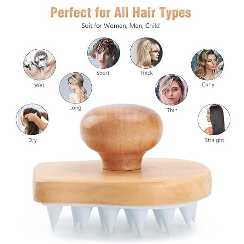 Scalp Massager Shampoo Brush, Wooden Wet and Dry Hair Scalp Care Brush, Shower Brush Scalp Scrubber Exfoliator with Soft Silicone Bristles for Dandruff Removal, Hair Growth (White) thumbnail 5
