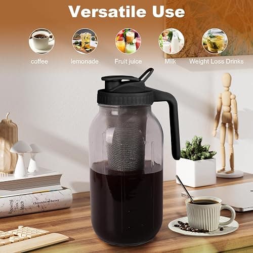 Cold Brew Coffee Maker,64 oz Mason Jar Pitcher with Stainless Steel Filter, Pour Spout Handle Lid, Heavy Duty Glass Airtight & Leak-Proof for Iced Coffee,Tea & Lemonade thumbnail 6