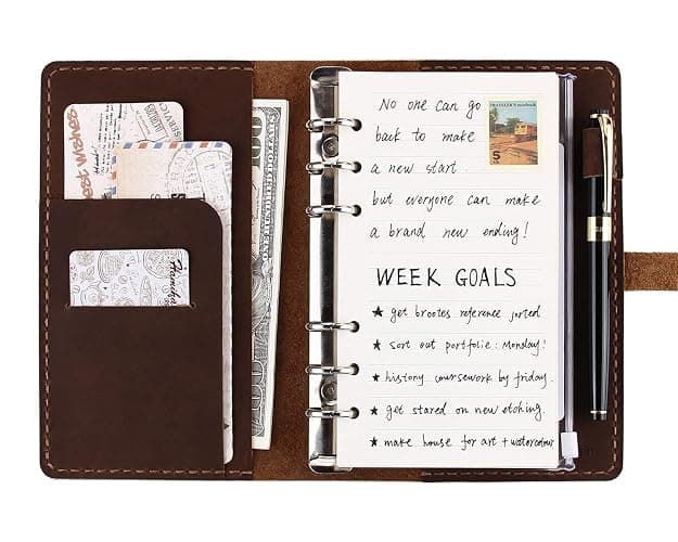 Genuine Leather Journal Writing Notebook, A6 Ring Binder Refillable Diary Notepads, Vintage Handmade Travel Organizer Agenda for Men Women - Brown - Image 1