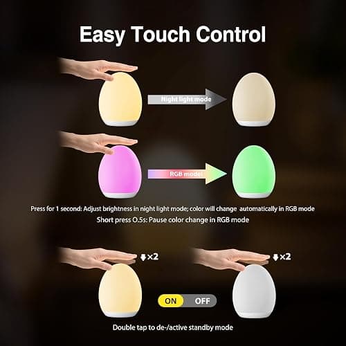 JolyWell Night Light for Kids, Egg Light for Nursery with 7 Changeable RGB Colours & Stepless Dimming, Rechargeable Tap Light with a 1-Hour Timer & Touch Control, Portable Baby Night Light, BPA Free thumbnail 5