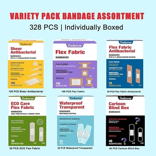 Dodanros Variety Bandages Pack,328ct Assorted Bulk Various Sizes, Shapes &Features | Sheer & Flex Fabric with Benzalkonium, ECO Bamboo Fabric, Waterproof, Cartoon Blind Box Fragrance Bandages thumbnail 3