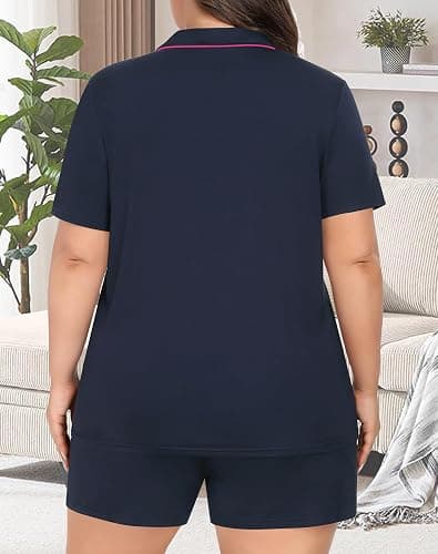 Elsameel Women's Plus Size Pajamas Button Down Shirt and Shorts 2 Piece Pj Lounge Sets Short Sleeve Sleepwear Soft Loungewear thumbnail 7