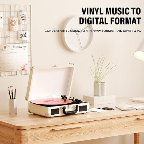 Vinyl Record Player Bluetooth 3-Speed Portable Vintage Suitcase with Built-in Speakers, RCA Line Out AUX in Headphone Jack Vintage Turntable, White thumbnail 4