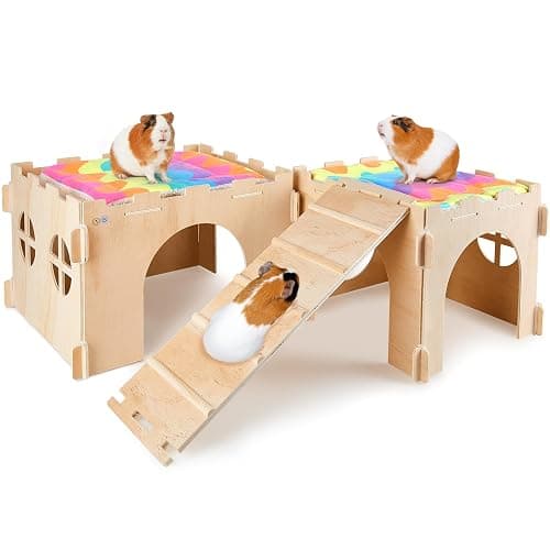 BeBeJoJo Meerschweinchen Versteck Aus Holz,2 Häuser,55x25x20cm,Meerschweinchen Haus Mit Rampe Kaninchenhaus für Kleine Haustiere - Image 1