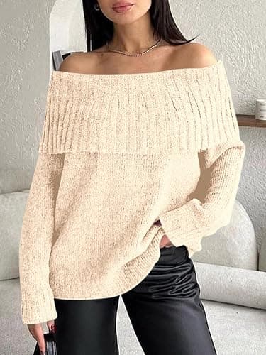 Saodimallsu Womens Off The Shoulder Sweaters Oversized Long Sleeve Loose Ribbed Knit Fall Trendy Pullover Tops thumbnail 2