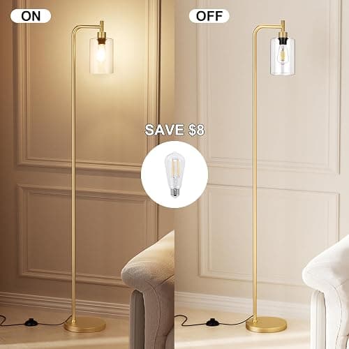 Ziisee Floor Lamps for Living Room - Industrial Standing Lamp with Glass Shade, Modern Gold Floor Lamp with LED Bulbs, Farmhouse Floor Lamp for Bedroom, Tall Lamp for Office - Gold thumbnail 3