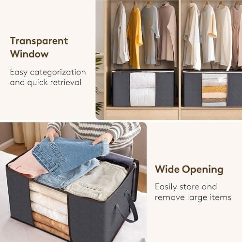Lifewit Clothes Storage Bag, Fabric Closet Organizers, Foldable Moving Bags with Reinforced Handle, Sturdy Zipper, Clear Window, for Clothing, Blankets, Grey, 3 Pack thumbnail 5