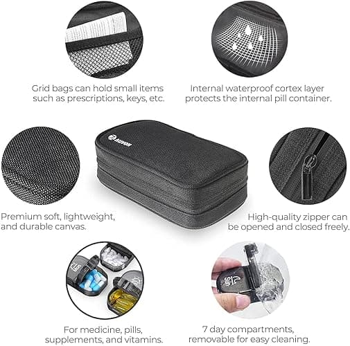 AUVON Canvas Bag Pill Boxes 7 Day 2 Times a Day, Large AM/PM Pill Box Organiser with Portable Zipper Cloth Bag for Holding Supplements, Vitamins and Fish Oils (Black) thumbnail 3