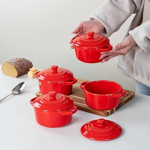 Mini Dutch Oven Set of 4, 14 oz Ceramic Mini Dutch Ovens with Lids and Handles, Ramekins with Lids for French Onion Soup, Pot Pies, Soufflés and Baked Desserts, Oven Microwave Dishwasher Safe, Mini Cocotte，（Red） thumbnail 7