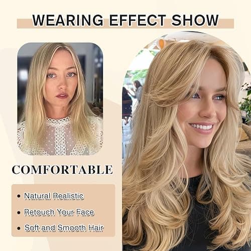 Jolelyne Long Golden Blonde Wavy Layered Wig with Curtain Bangs for White Women Synthetic Platinum Blonde Highlight Wig Light Brown Body Wave with Bangs Middle Part for Daily Party Use thumbnail 2