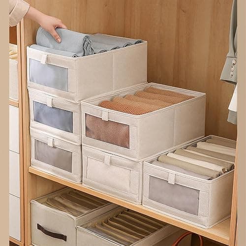 Pradnel Linen Closet Organizers And Storage, 4 Pack Storage Bins Baskets for Organization Foldable Organizer with Clear Window Organizing Clothing, Jeans, Shelves thumbnail 7