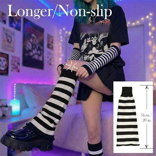 Fizzlup Harajuku Leg And Arm Warmers Set, Y2K Red And Black Striped High Socks Flared Goth Scene Accessories for Women thumbnail 2