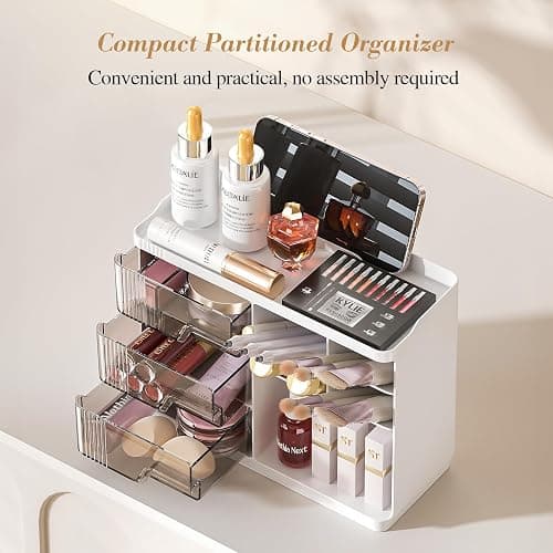 Delamu Makeup Organizer with Drawers, Multi-Function Vanity Organizer Countertop, Stackable Desk Organizer for Makeup Brush Lipstick Skincare Bathroom Vanity Organization and Storage, White - White thumbnail 3