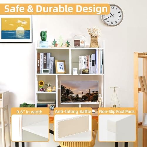 deli Desktop Shelf, Desk Hutch with 5 Shelves for Computer Desk, Desktop 3-Tier Display Rack, Multipurpose Wood Desktop Bookshelf Storage Organizer for Dorm Office Home, White thumbnail 4