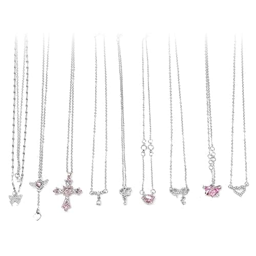 9 Pcs Y2K Necklace Set for Women, Goth Grunge Jewelry with Gothic Cross, Fairy Angel, Heart Wings, Butterfly, Pink Rhinestone Pendant and Choker, Premium Gifts for Friends Family on Birthday Holiday - Image 1