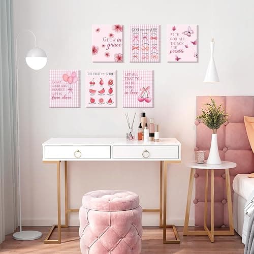 CHDITB 6Pcs Pink Girly Affirmation Framed Canvas Wall Art, Trendy Flower Bow Butterfly Cherry Balloon Poster Prints, Cute Inspirational Quotes Artwork for Teen Girl Bedroom Preppy Dorm (8" X 10") thumbnail 6