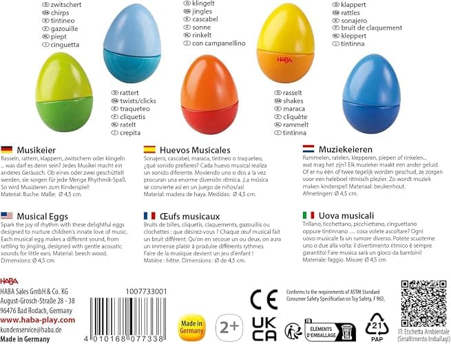 HABA Musikeier – 5 Bunte Rasseleier aus Holz zur musikalischen Frühförderung für Babys & Kleinkinder ab 2 Jahren – Made in Germany - 1007733001 thumbnail 8