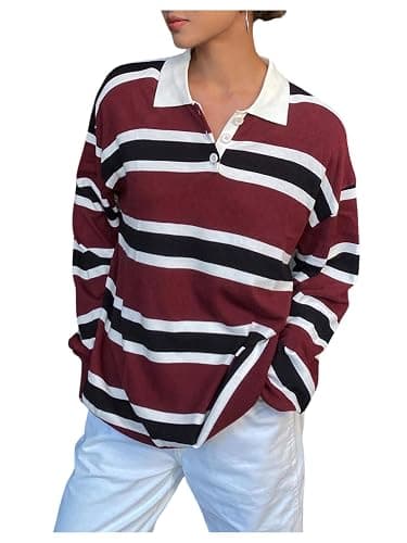 Milumia Women's Striped Button Collar Sweater Colorblock Long Sleeve Oversize Pullover - Image 1