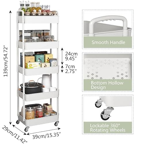 Sywhitta 5-Tier Plastic Rolling Utility Cart with Handle, Multi-Functional Storage Trolley for Office, Living Room, Kitchen, Movable Storage Organizer with Wheels, White thumbnail 3