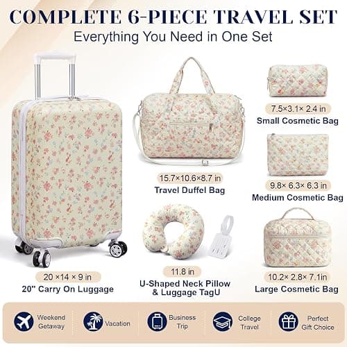 Redbaker 7 Pcs Floral Luggage Set for Women,Beige | 20" Carry Travel Suitcase Quilted Duffel Bag Makeup Bags Neck Cushion & Name Label thumbnail 2