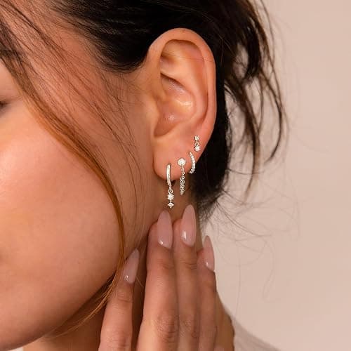 SELSHE Gold Plated Earrings for Women, 14k Gold Plated Earring Stack Hypoallergenic Pearl Drop Earring Dainty Earrings for Women Trendy Cute Small Huggie Hoop Earring Fashion Womens Jewelry thumbnail 2