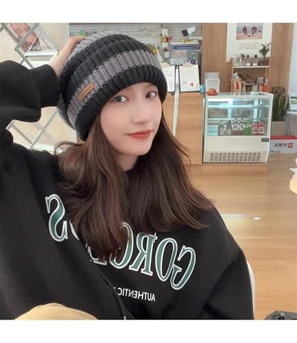 TYHOTULY Women Striped Color Block Beanies Y2k Grunge Emo Vintage Knit Fall Winter Slouchy Skull Cap Outdoor Winter Warm Hat thumbnail 4