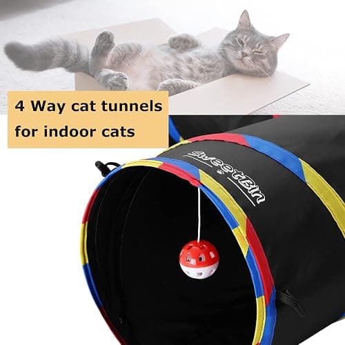 SweetBin 4 Way Large Cat Tunnels for Indoor Cats - 10" Diameter & 47" Long Play Tunnel Toy - Cat Tube with Play Ball & Mouse Toy - Interactive Peephole (Black) thumbnail 3