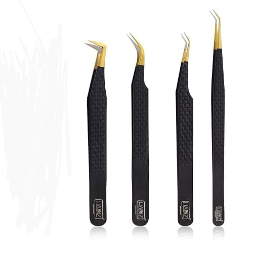 HADIZ Set of 4 Fiber Tip Diamond Grip Eyelash Extensions Tweezers Japanese Stainless Steel Lash Tweezer(Black) thumbnail 7