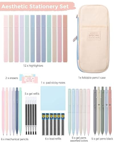 SKYDUE Cute School Supplies 44 PCS, Aesthetic Pencil Case with 12 Pastel Highlighters, 5 Black Gel Pens, 6 Color Gel Pens & Mechanical Pencils, College Essentials Students Stationary Set Blue thumbnail 4