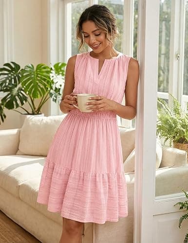 MEROKEETY Womens Summer Casual Beach Vacation Sleeveless Mini Sundress 2026 | V Neck, A Line, Solid Color, Ruffle Hem, Flowy Swing Sun Dress, Elastic Waist, Cotton, Wedding Guest Graduation Short Dress thumbnail 4
