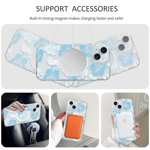 NITITOP Compatible with iPhone 15 Case Clear Magnetic Compatible with MagSafe Cute Hibiscus Flowers Floral for Women Girls Floral Hard PC Back Shockproof Protective Phone Cover - Blue thumbnail 2