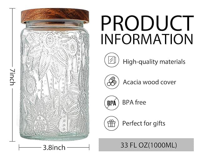 LODIKE 35oz/1000ml Glass Storage Jars with Nature Wood Lids, Airtight Food Storage Containers for Kitchen Organization, Large Capacity for Cookie, Pasta, Sugar, Flour, Cereal - Set of 2 （sunflower） thumbnail 3