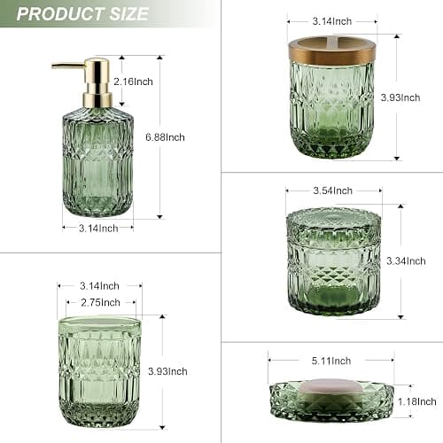 LaMarriti Green Bathroom Accessories Set, 5Pcs Clear Glass Bathroom Set Accessories, Soap Dispenser, Soap Dish, Toothbrush Holder Set, Tumbler, Qtips Holder for Vintage Crystal Bath Decor thumbnail 3