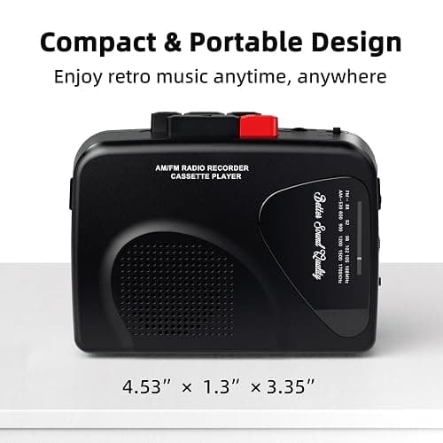 Walkmaner Cassette Player/Recorder, Am/FM Radio, Portable Cassette Player, Cassette Recording, Built-in Speakers, Manual Recording, T201 (Black) thumbnail 6