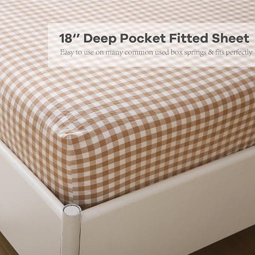 K MASANIJI Taupe White Plaid Ruffle Sheets Queen Size 4-Piece Set, 300TC 100% Yarn Dyed Washed Cotton Checker Sheets 18'' Deep Pocket Farmhouse Gingham Decorative Bedding（Taupe/White Plaid, Queen） thumbnail 5
