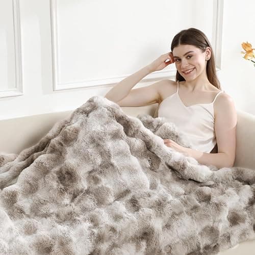 Faux Rabbit Fur Throw Blanket for Couch, Fluffy Warm Plush Thick Bubble Blanket for Bed Sofa Living Room, Soft Cozy Furry Blanket, 50x60 inches, Tie-dye Khaki thumbnail 2