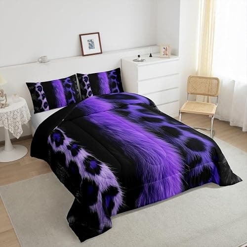 jejeloiu 3D Purple Leopard Bedding Set Queen Size Adult Leopard Comforter Set for Boys Girls Animal Print Duvet Set Wild Animal Fur Quilt Set 3Pcs thumbnail 5