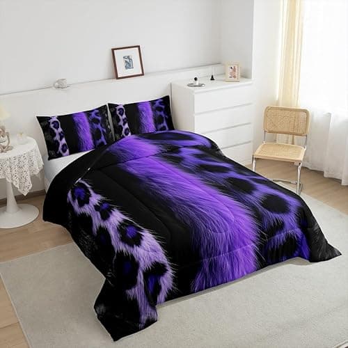 jejeloiu 3D Purple Leopard Bedding Set Queen Size Adult Leopard Comforter Set for Boys Girls Animal Print Duvet Set Wild Animal Fur Quilt Set 3Pcs thumbnail 6