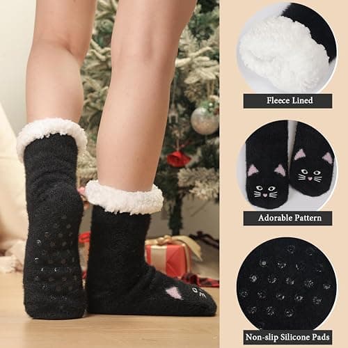 JaosWish Cat Fuzzy Slipper Socks with Grips for Womens Winter Non Slip Fluffy Cozy Warm Socks for Christmas Gifts thumbnail 4