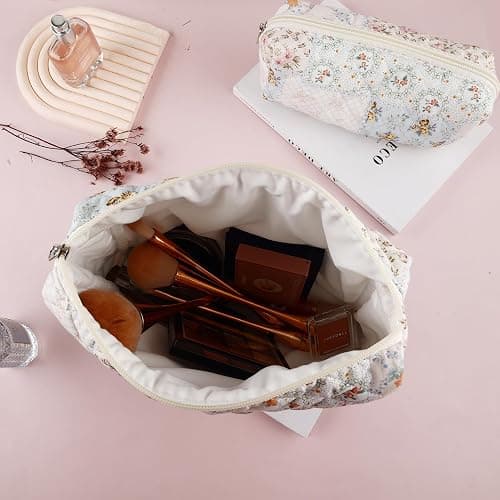 2Pcs Quilted Cotton Makeup Bag Large Travel Makeup Pouch Small Brush Holder Set for Women Cute Floral Coquette Makeup Bag Aesthetic Cosmetic Bag Flower Bee Toiletry Organizer Storage Bag Zipper Pouch thumbnail 4