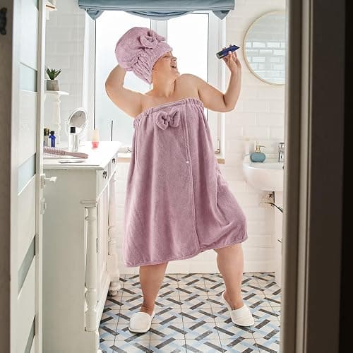 Xtinmee 2 Sets Plus Size Womens Wrap Towel with Hair Towel Bath Wrap Shower Dress Spa Bathrobe for Women's Bathrobe (Purple, Lotus Pink) thumbnail 6