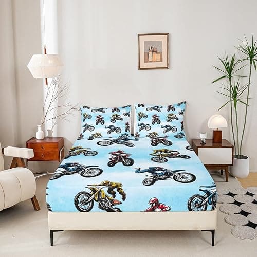 Erosebridal Dirt Bike Bed Sheet Twin Size, Extreme Sport Fitted Sheet for Kids Boys Teens, Motorbike Sport Bedding Set Motocross Rider Bedding Decor Set 2 Pieces with 1 Pillow Case, Blue thumbnail 2
